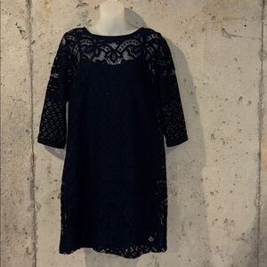 Ann Taylor Loft Dress Navy Blue Shift Eyelet Lace Dress with 3/4 Sleeve - Sz 6